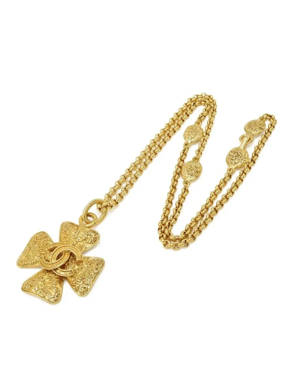 Chanel 95A Clover CC Logo Large Chain Pendant 2-Way Belt Gold Plated Necklace